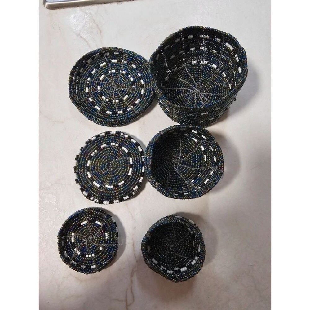 Handmade Beaded Nesting Trinket Boxes Set of 3 Iridescent Seed Beads